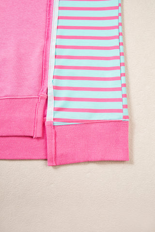 Rose Stripe Color Block Patchwork Relaxed Split Long Sleeve Top