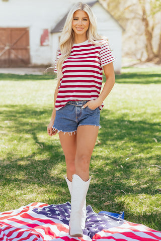 Red Stripe Patchwork Round Neck T Shirt, Dear-Lover Dropshipping - A Blissfully Beautiful Boutique