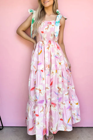 Pink Floral Print Knotted Shoulder Smocked Maxi Dress, A Blissfully Beautiful Boutique - A Blissfully Beautiful Boutique
