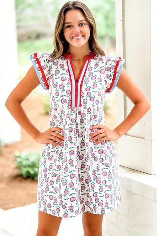 Red Floral Print Contrast Trim Flutter Sleeve Mini Dress, Dear-Lover Dropshipping - A Blissfully Beautiful Boutique
