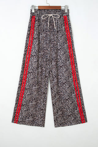 Brown Wild Leopard Print Contrast Lace Striped Detail Drawstring Pants, Dear-Lover Dropshipping - A Blissfully Beautiful Boutique