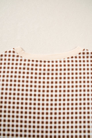 Red Gingham Oversized Ribbed Trim Crew Neck Long Sleeve Top and Skort Set