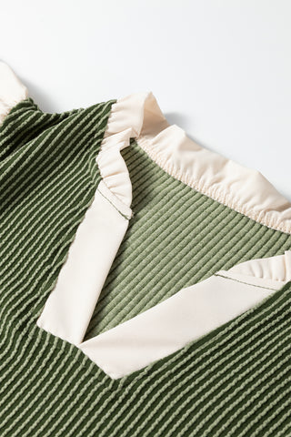 Vineyard Green Plus Size Contrast Frilled Neckline Ruffled Short Sleeve Ribbed Textured Blouse, Dear-Lover Dropshipping - A Blissfully Beautiful Boutique