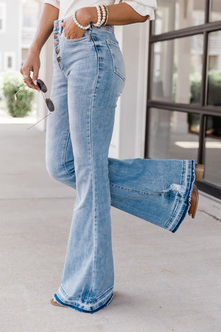 Sky Blue High Waist Buttoned Distressed Flared Jeans