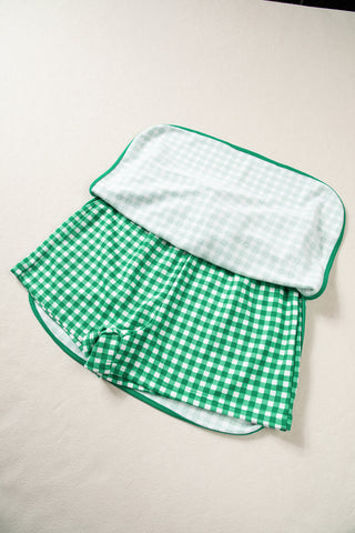 Red Gingham Oversized Ribbed Trim Crew Neck Long Sleeve Top and Skort Set