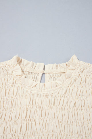Jet Stream Solid Color Smocked Ruffle Hem Long Sleeve Blouse