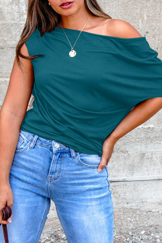Blue Sapphire Plus Size Solid Color Asymmetric Neck Short Sleeve Blouse, Dear-Lover Dropshipping - A Blissfully Beautiful Boutique