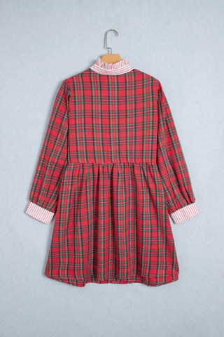 Red Plaid Striped V Neck Collar Cuff Details Shift Plus Size Dress