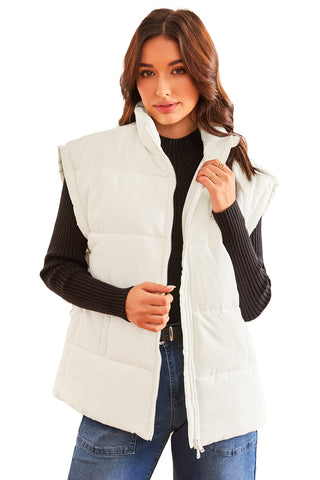 Beige Zipper Stand Neck Oversized Puffer Vest