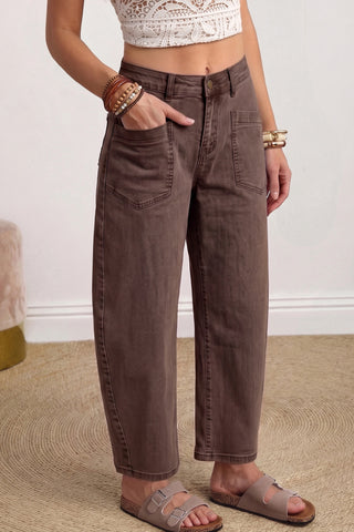 Coffee Solid Color Square Patch Pocket Ankle-length Barrel Jeans