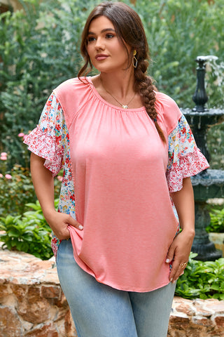 Pink Plus Size Floral Patchwork Ruffled Short Sleeve Blouse, A Blissfully Beautiful Boutique - A Blissfully Beautiful Boutique