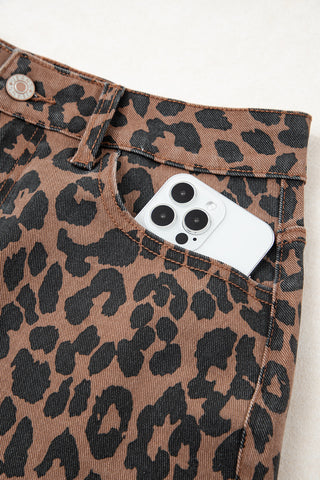 Brown Leopard Denim Frayed Split Denim Midi Skirt