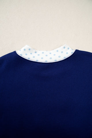 Dirty blue Polka Dot Trim High Neck GRACE Letter Graphic Baggy Sweatshirt