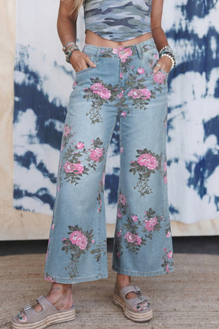 Sky Blue Garden Floral Print Bootcut Jeans, Dear-Lover Dropshipping - A Blissfully Beautiful Boutique