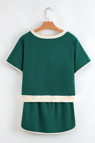 Evergreen Colorblock Edge Drop Shoulder T Shirt and Skort 2Pcs Set