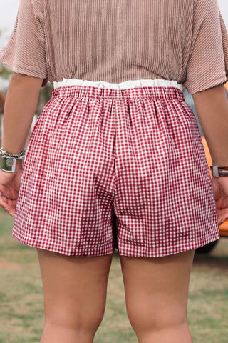 Red Contrast Trim Plaid Print Plus Size Shorts, Dear-Lover Dropshipping - A Blissfully Beautiful Boutique