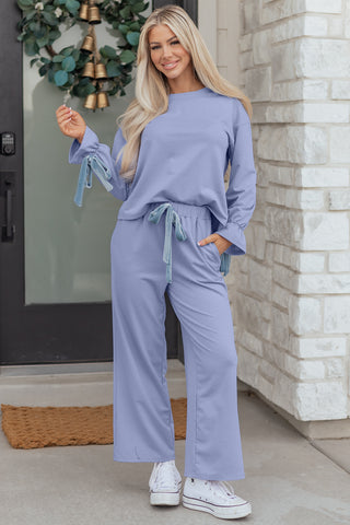Beau Blue Flounce Long Sleeve Top Drawstring Pants Contrast Velvet Bow Knot 2pcs Lounge Set, Dear-Lover Dropshipping - A Blissfully Beautiful Boutique