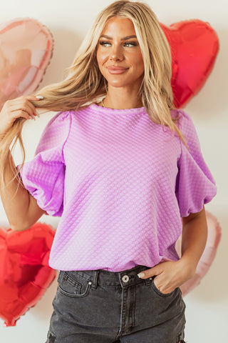 Phalaenopsis Solid Textured O Neck Puff Sleeve Blouse, A Blissfully Beautiful Boutique - A Blissfully Beautiful Boutique