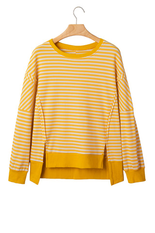 Pink Stripe Textured Knit Color Block Trim Split Hem Long Sleeve Top