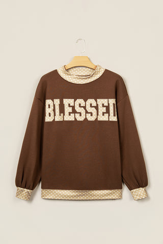 Coffee Polka Dot Trim High Neck BLESSED Letter Graphic Baggy Sweatshirt