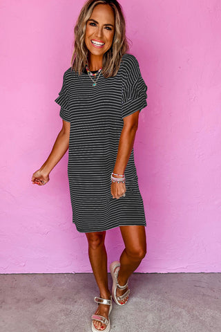 Black Stripe Ruffled Short Sleeve Crew Neck T Shirt Shift Mini Dress