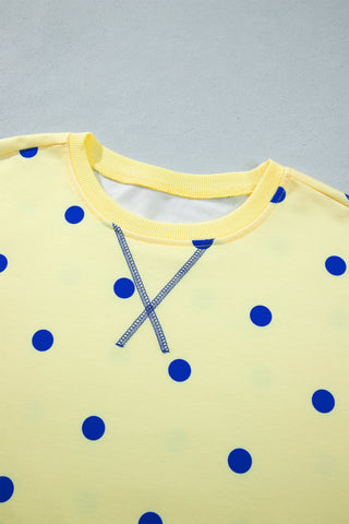 Yellow Polka Dot Loose Long Sleeve Split Hem Pullover Top