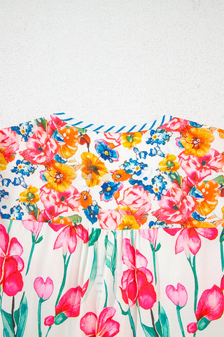 Pink Floral Print Striped Detail Split Neck Short Sleeve Blouse, A Blissfully Beautiful Boutique - A Blissfully Beautiful Boutique
