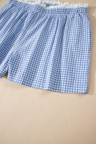 Sky Blue Contrast Trim Plaid Print Plus Size Shorts, Dear-Lover Dropshipping - A Blissfully Beautiful Boutique