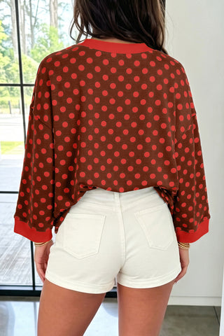 Green Polka Dot Print Contrast Trim Round Neck Bracelet Sleeve Top