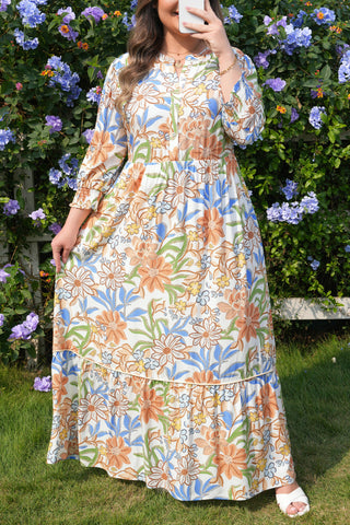 Khaki Floral Print 3/4 Sleeves Tiered Plus Size Long Dress, Dear-Lover Dropshipping - A Blissfully Beautiful Boutique