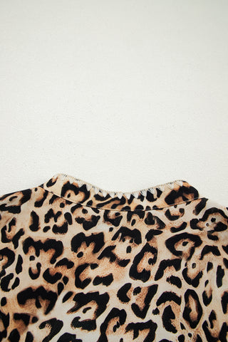 Khaki Plus Size Leopard Print Stitch Detail Ruffled Short Sleeve Blouse, Dear-Lover Dropshipping - A Blissfully Beautiful Boutique