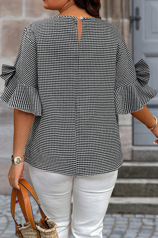 Black Plus Size Plaid Bow Decor Bell Sleeve Round Neck Jumper, Dear-Lover Dropshipping - A Blissfully Beautiful Boutique