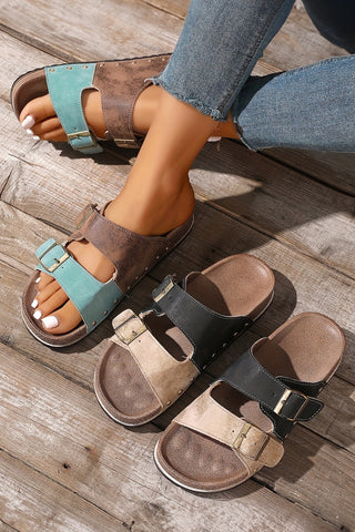 Light Blue Leopard Two-tone Retro Buckle Straps Hollowed Faux Suede Slippers, Dear-Lover Dropshipping - A Blissfully Beautiful Boutique