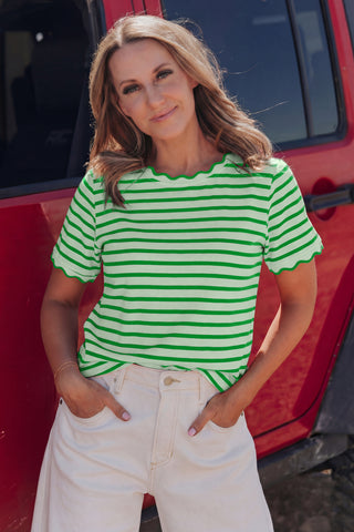 Green Stripe Scalloped Trim Round Neck T Shirt, Dear-Lover Dropshipping - A Blissfully Beautiful Boutique