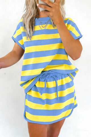 Yellow Stripe Dolman Tee Drawstring Skort Athletic 2pcs Set, Dear-Lover Dropshipping - A Blissfully Beautiful Boutique