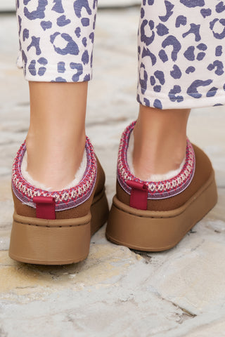 Chestnut Suede Contrast Print Round Toe Plush Lined Flats, Dear-Lover Dropshipping - A Blissfully Beautiful Boutique