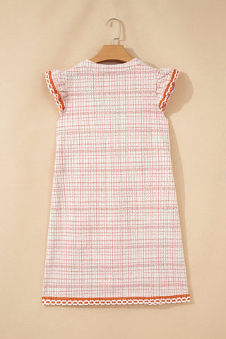 White Jacquard Textured Contrast Trim Short Sleeve Tassel Tie Shift Dress