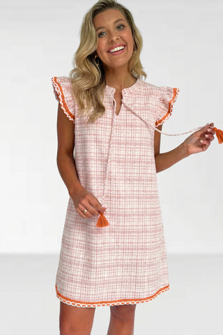 White Jacquard Textured Contrast Trim Short Sleeve Tassel Tie Shift Dress, Dear-Lover Dropshipping - A Blissfully Beautiful Boutique