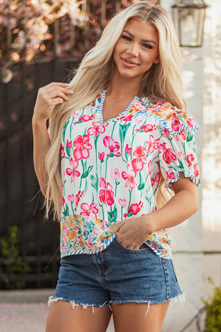 Pink Floral Print Striped Detail Split Neck Short Sleeve Blouse, A Blissfully Beautiful Boutique - A Blissfully Beautiful Boutique
