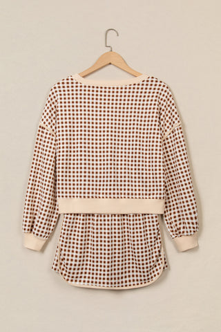 Red Gingham Oversized Ribbed Trim Crew Neck Long Sleeve Top and Skort Set