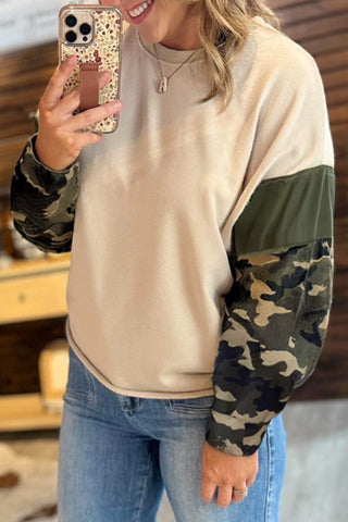 Apricot Camo Print Patchwork Sleeve Raw Hem Plus Size Sweatshirt, Dear-Lover Dropshipping - A Blissfully Beautiful Boutique