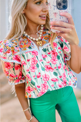 Pink Floral Print Striped Detail Split Neck Short Sleeve Blouse, A Blissfully Beautiful Boutique - A Blissfully Beautiful Boutique
