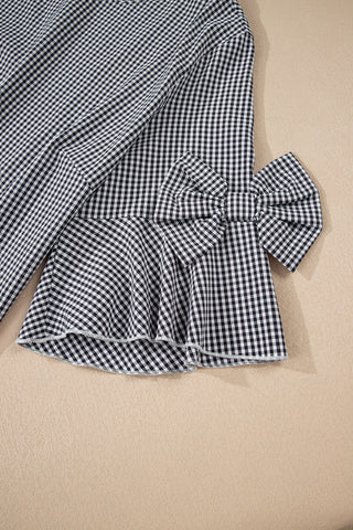 Black Plus Size Plaid Bow Decor Bell Sleeve Round Neck Jumper, Dear-Lover Dropshipping - A Blissfully Beautiful Boutique