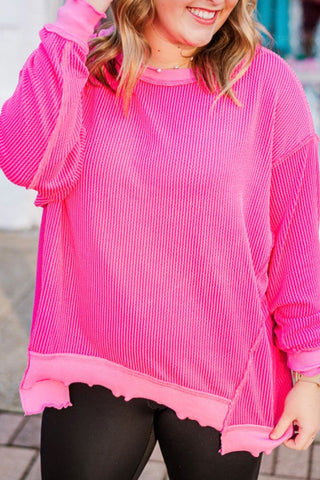 Rose Red Drop Shoulder Uneven Hem Plus Size Twisted Rib Top, Dear-Lover Dropshipping - A Blissfully Beautiful Boutique