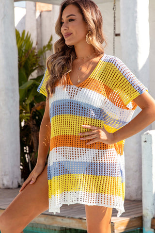 Yellow Striped Hollow Out Knit V Neck Tunic Cover Up