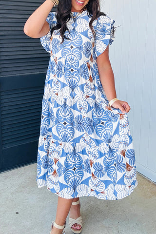 Sky Blue Tropical Botanic Print Flutter Sleeve Vacation Long Dress, Dear-Lover Dropshipping - A Blissfully Beautiful Boutique