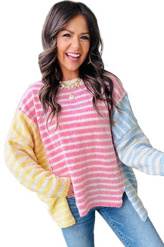 Multicolour Color Block Striped Patchwork Dolman Sleeve Slit Sweater, Dear-Lover Dropshipping - A Blissfully Beautiful Boutique