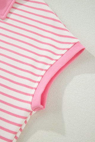 Pink Stripe Color Block Patchwork Polo Tee Drawstring Elastic Waist 2pcs Skort Set, Dear-Lover Dropshipping - A Blissfully Beautiful Boutique