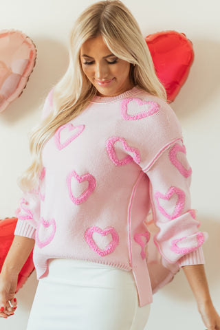 Pink Heart Shape Bubble Sleeve Baggy Sweater