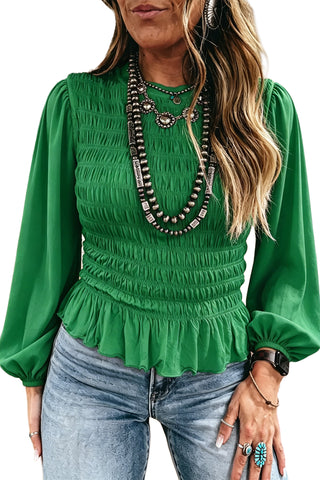 Jet Stream Solid Color Smocked Ruffle Hem Long Sleeve Blouse